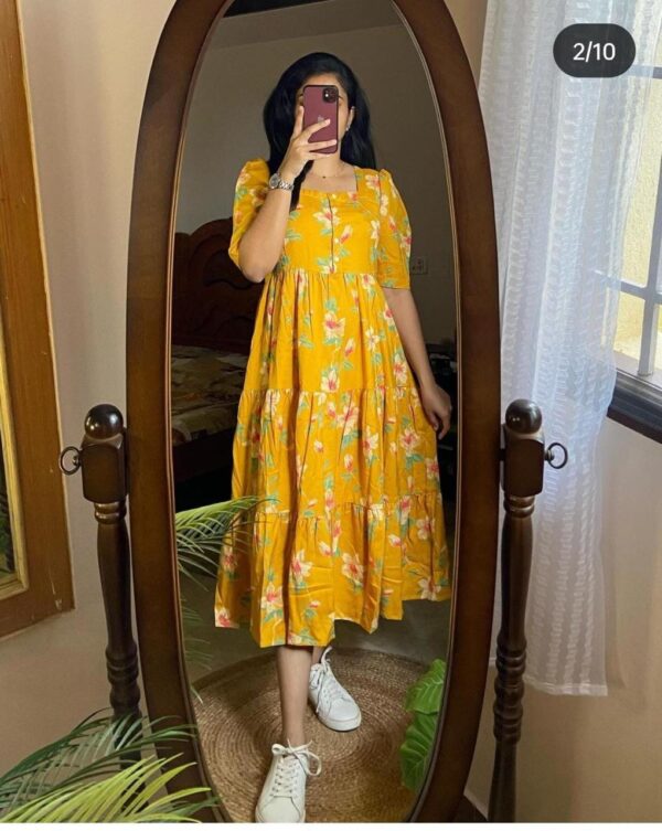 Vishpra Printed Lotus Flower Cotton Middi Gown Dress - Image 3