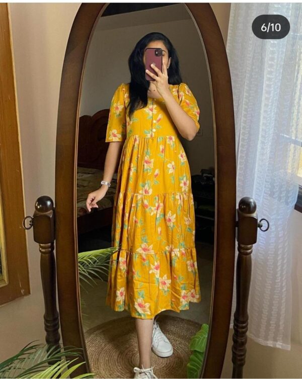 Vishpra Printed Lotus Flower Cotton Middi Gown Dress - Image 2