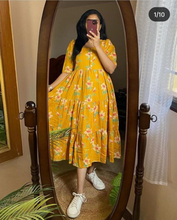 Vishpra Printed Lotus Flower Cotton Middi Gown Dress